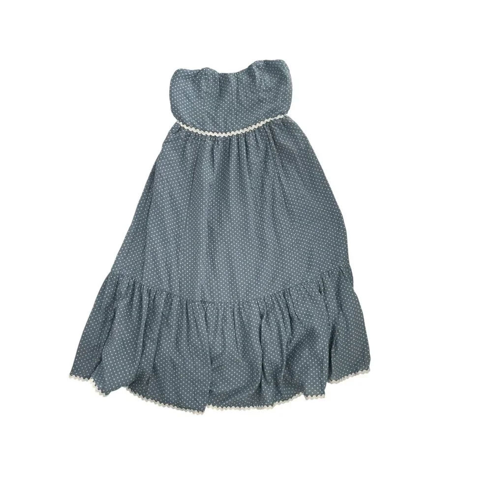 👗 Lulus Dusty Blue Polka Dot Strapless Tiered Midi Dress S 👗 - Picture 3 of 7